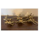Antique Brass Reindeer Sleigh Sculpture with Ornate Scrollwork - 3 Deer