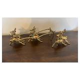 Antique Brass Reindeer Sleigh Sculpture with Ornate Scrollwork - 3 Deer