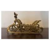 Antique Brass Reindeer Sleigh Sculpture with Ornate Scrollwork - 3 Deer