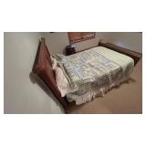 Antique French Country Carved Wood Bed Frame with Rosette Medallion - Headboard & Footboard