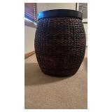 Dark Brown Round Rattan Barrel Ottoman Stool with Wood Top