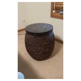 Dark Brown Round Rattan Barrel Ottoman Stool with Wood Top
