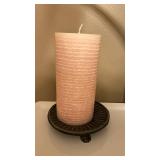 6" Pink Peach Pillar Candle on Ornate Black Metal Stand - Decorative Wax Candle