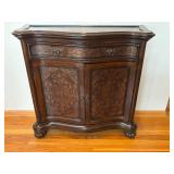 Filipino-Made Burl Wood Console Cabinet With Ornate Carved Panels