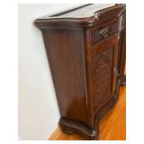 Filipino-Made Burl Wood Console Cabinet With Ornate Carved Panels