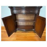 Filipino-Made Burl Wood Console Cabinet With Ornate Carved Panels