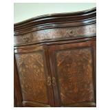 Filipino-Made Burl Wood Console Cabinet With Ornate Carved Panels