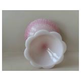 Pink Milk Glass Floral Compote Bowl & Girl Figurine Set