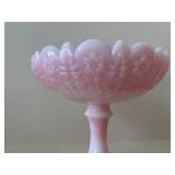 Pink Milk Glass Floral Compote Bowl & Girl Figurine Set
