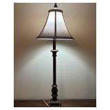 Antique-Style Bronze Floor Lamp with Ornate Pedestal Base and Taupe Fabric Shade