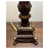 Antique-Style Bronze Floor Lamp with Ornate Pedestal Base and Taupe Fabric Shade