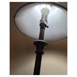 Antique-Style Bronze Floor Lamp with Ornate Pedestal Base and Taupe Fabric Shade