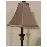 Antique-Style Bronze Floor Lamp with Ornate Pedestal Base and Taupe Fabric Shade