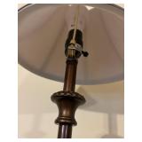 Antique-Style Bronze Floor Lamp with Ornate Pedestal Base and Taupe Fabric Shade