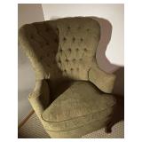Olive Green Tufted Wingback Chair with Carved Front Legs