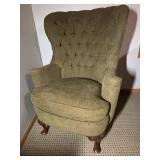 Olive Green Tufted Wingback Chair with Carved Front Legs
