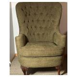 Olive Green Tufted Wingback Chair with Carved Front Legs