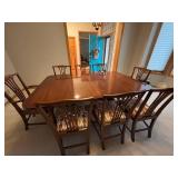 Mahogany or Walnut Dining Table Set with 8 Upholstered Chairs & 2 Leaves