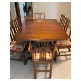 Mahogany or Walnut Dining Table Set with 8 Upholstered Chairs & 2 Leaves