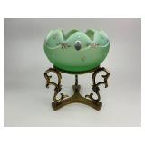 Fenton Dotted Swiss Willow Green Opalescent Satin Rose Glass Bowl with Base Stand