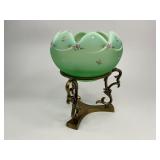 Fenton Dotted Swiss Willow Green Opalescent Satin Rose Glass Bowl with Base Stand