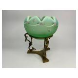 Fenton Dotted Swiss Willow Green Opalescent Satin Rose Glass Bowl with Base Stand