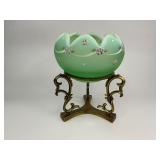 Fenton Dotted Swiss Willow Green Opalescent Satin Rose Glass Bowl with Base Stand