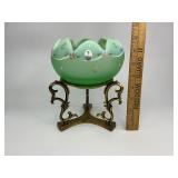Fenton Dotted Swiss Willow Green Opalescent Satin Rose Glass Bowl with Base Stand