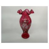 Fenton Ivory Rose Cranberry Glass Ruffled Vase