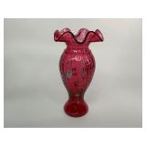 Fenton Ivory Rose Cranberry Glass Ruffled Vase