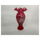 Fenton Ivory Rose Cranberry Glass Ruffled Vase