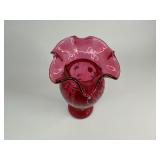 Fenton Ivory Rose Cranberry Glass Ruffled Vase