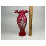 Fenton Ivory Rose Cranberry Glass Ruffled Vase