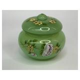 Fenton Green Opalescent Glass Puff Box