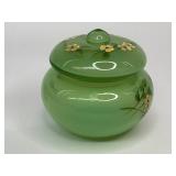 Fenton Green Opalescent Glass Puff Box