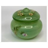 Fenton Green Opalescent Glass Puff Box