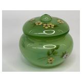 Fenton Green Opalescent Glass Puff Box