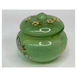Fenton Green Opalescent Glass Puff Box