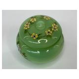 Fenton Green Opalescent Glass Puff Box