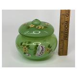 Fenton Green Opalescent Glass Puff Box