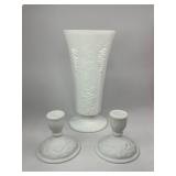 Westmoreland Harvest Grape Milk Glass Vase with Pair of Imperial Doeskin White Glass Candle Holders