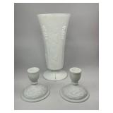 Westmoreland Harvest Grape Milk Glass Vase with Pair of Imperial Doeskin White Glass Candle Holders