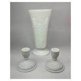 Westmoreland Harvest Grape Milk Glass Vase with Pair of Imperial Doeskin White Glass Candle Holders