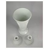 Westmoreland Harvest Grape Milk Glass Vase with Pair of Imperial Doeskin White Glass Candle Holders