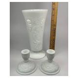 Westmoreland Harvest Grape Milk Glass Vase with Pair of Imperial Doeskin White Glass Candle Holders
