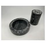 Etched Stone Ashtray and Cigarette Holder