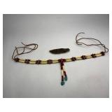 Native American Bone Choker Necklace with Red Accent Beads, and Turquoise Stones + Flint Stone Blade