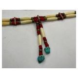 Native American Bone Choker Necklace with Red Accent Beads, and Turquoise Stones + Flint Stone Blade