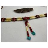 Native American Bone Choker Necklace with Red Accent Beads, and Turquoise Stones + Flint Stone Blade