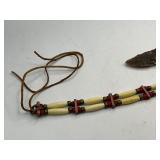 Native American Bone Choker Necklace with Red Accent Beads, and Turquoise Stones + Flint Stone Blade